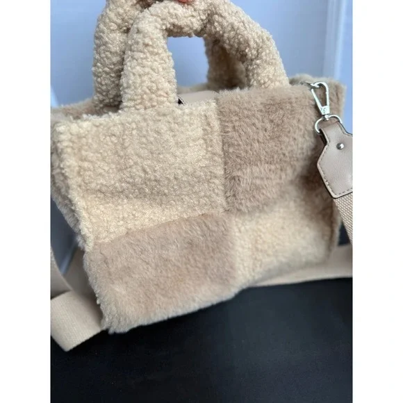 BCBGeneration Faux Shearling Colorblock small Tote Bag Tan Beige Crossbody - Picture 2 of 10